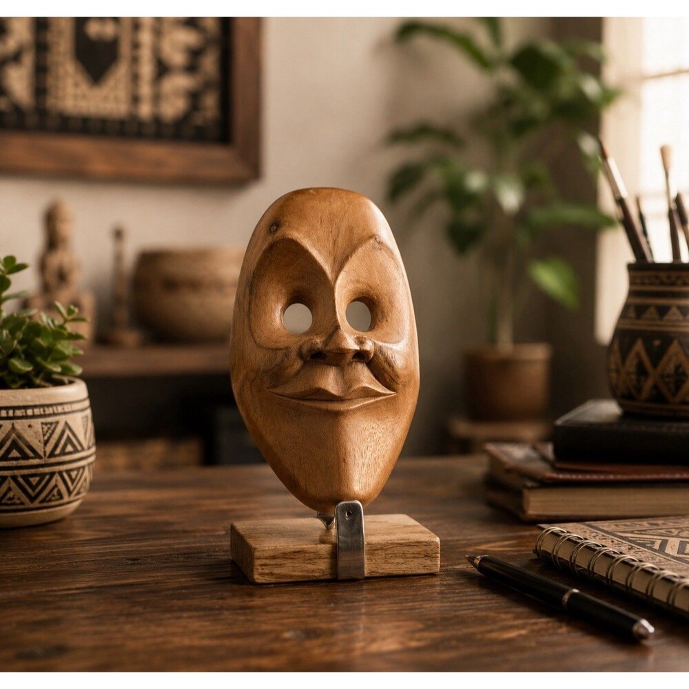 Handcrafted Wooden Mask Unique Art Decorative Home Decor Natural Finish